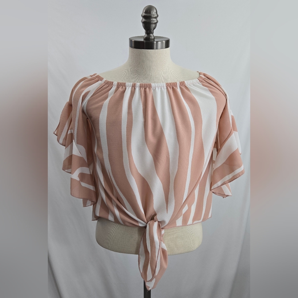 VICI Striped Off The Shoulder Bell Sleeve Tops Shirt Tie Knot Chiffon Blouse SM